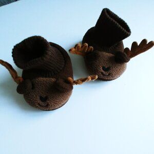 Joe Fresh Brown Fleece Moose 3D Ears and Antlers  Baby Booties 0-6 Months